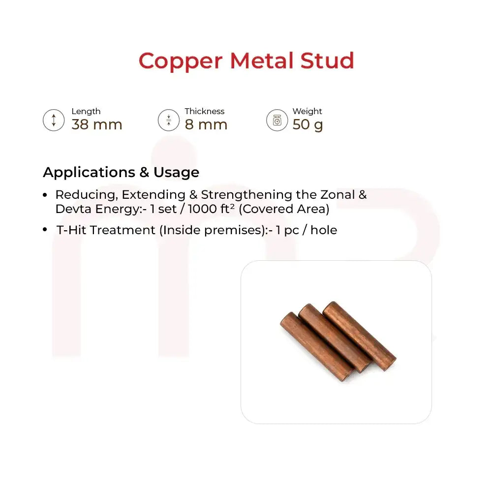 Copper metal stud for Vastu energy balancing, 38mm length, 8mm thickness, 50g weight