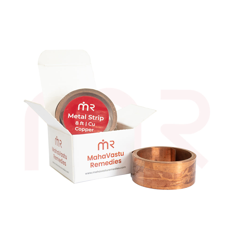 Copper metal strip for Vastu remedies, shown with branded packaging for home energy balance