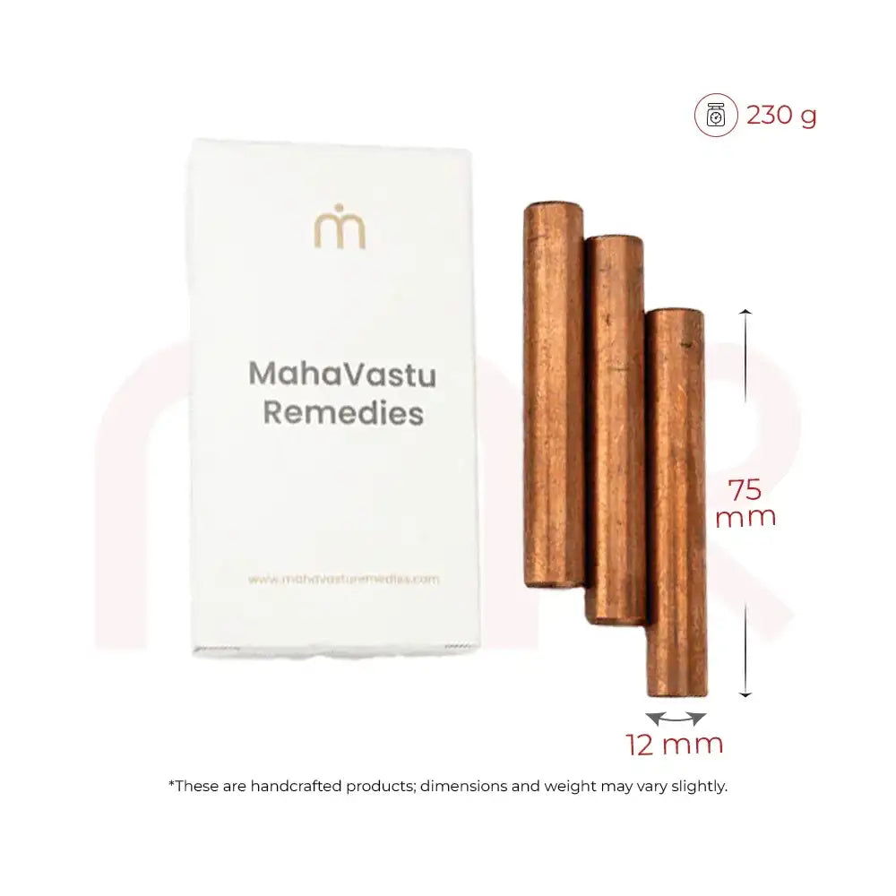 Handcrafted copper Vastu remedy rods, 75mm x 12mm, for Maha Vastu Shastra energy balance and positivity