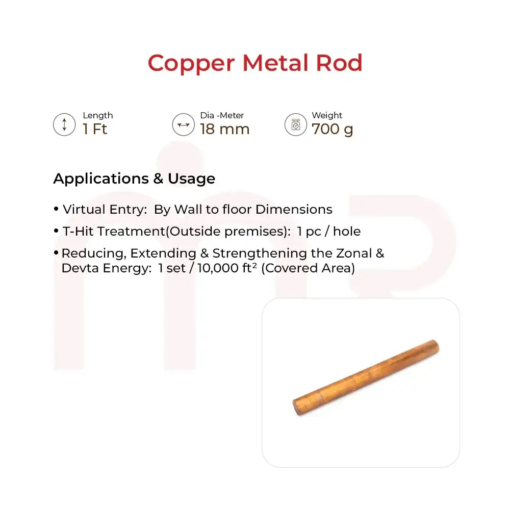 Copper metal rod for Vastu remedies, 1 ft long, 18 mm diameter, used for energy balancing and T-Hit treatments