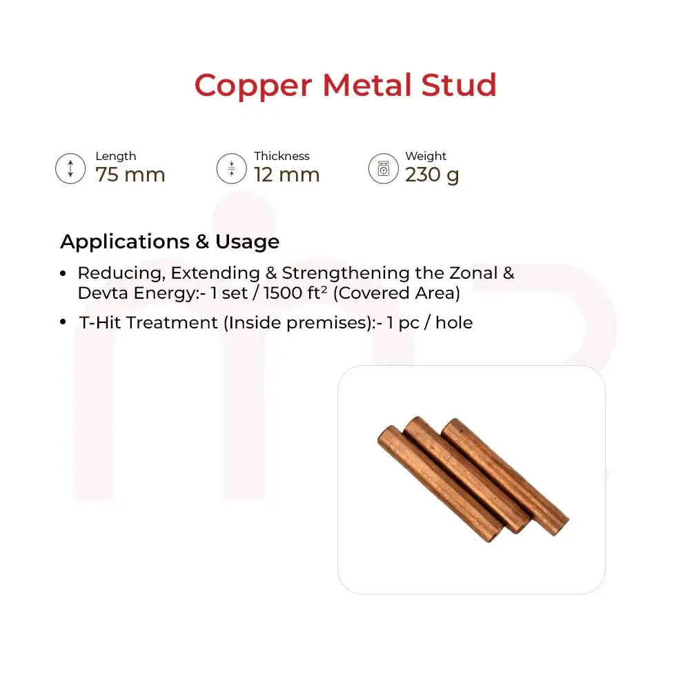 Copper metal stud for Vastu energy balancing, 75mm length, 12mm thickness, 230g weight