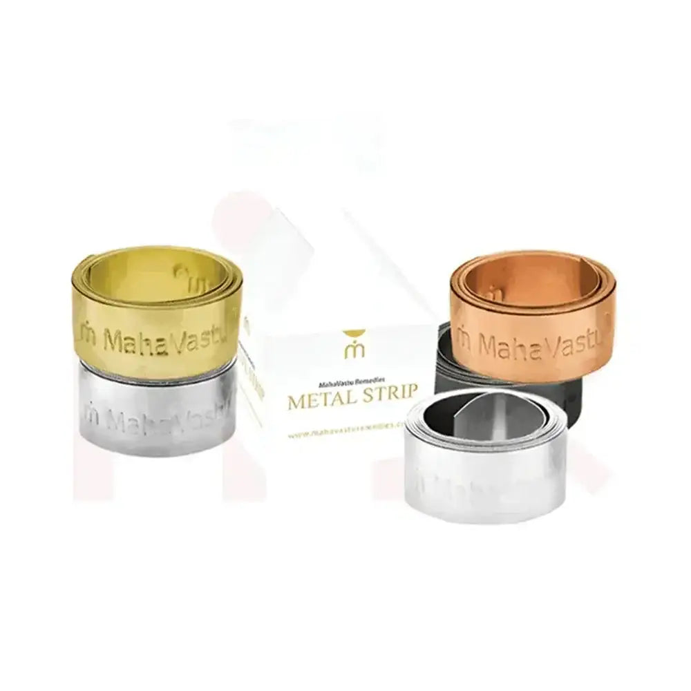 Set of gold, copper, silver, and black Vastu metal strips for space remedies.