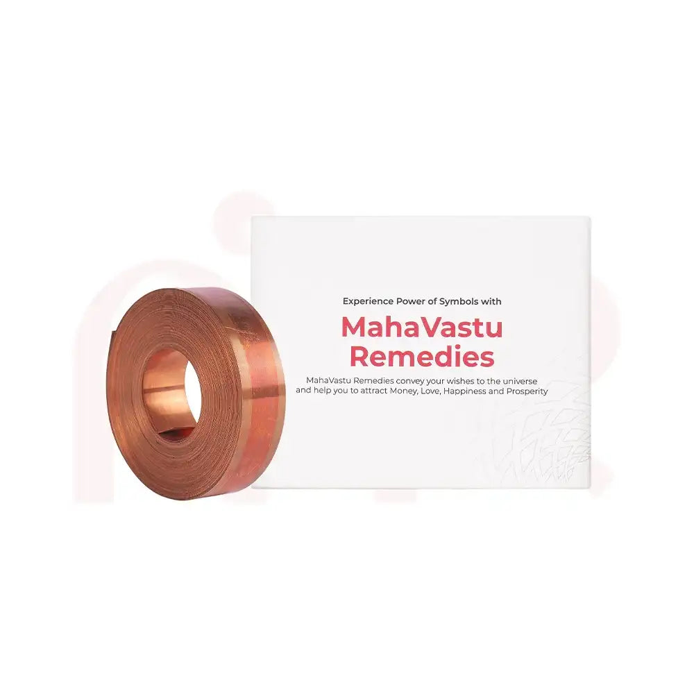 Copper Vastu strip for home energy balance and prosperity, MahaVastu Remedies packaging shown