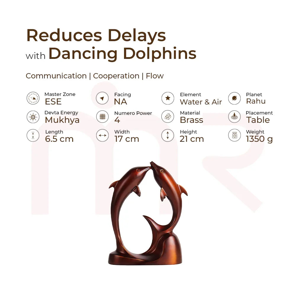 Brass dancing dolphins Vastu remedy statue for communication, cooperation, and flow, MahaVastu decor.