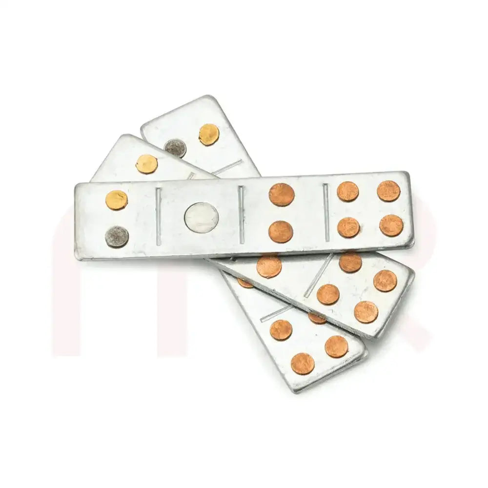 Set of Vastu metal strips with copper and brass studs for energy balancing remedies.