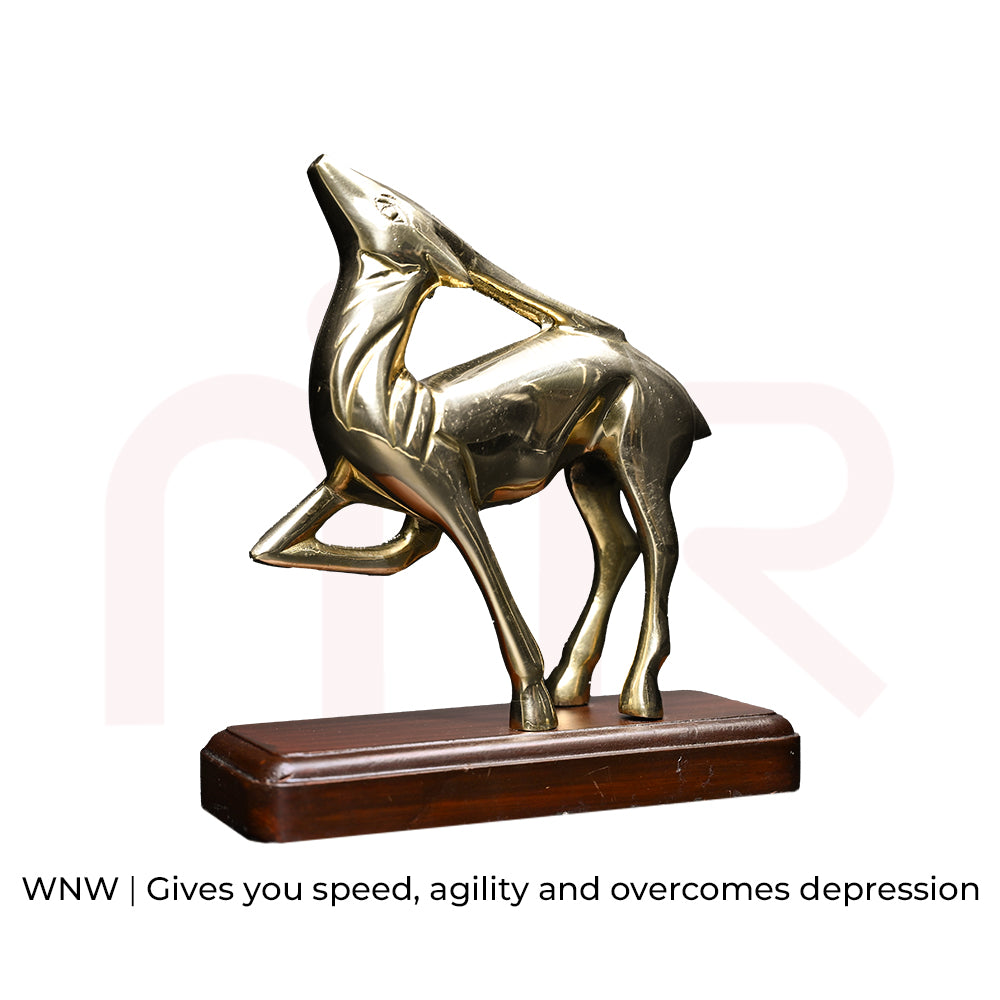 Brass deer leaping figurine on wooden base, Vastu remedy for speed and agility