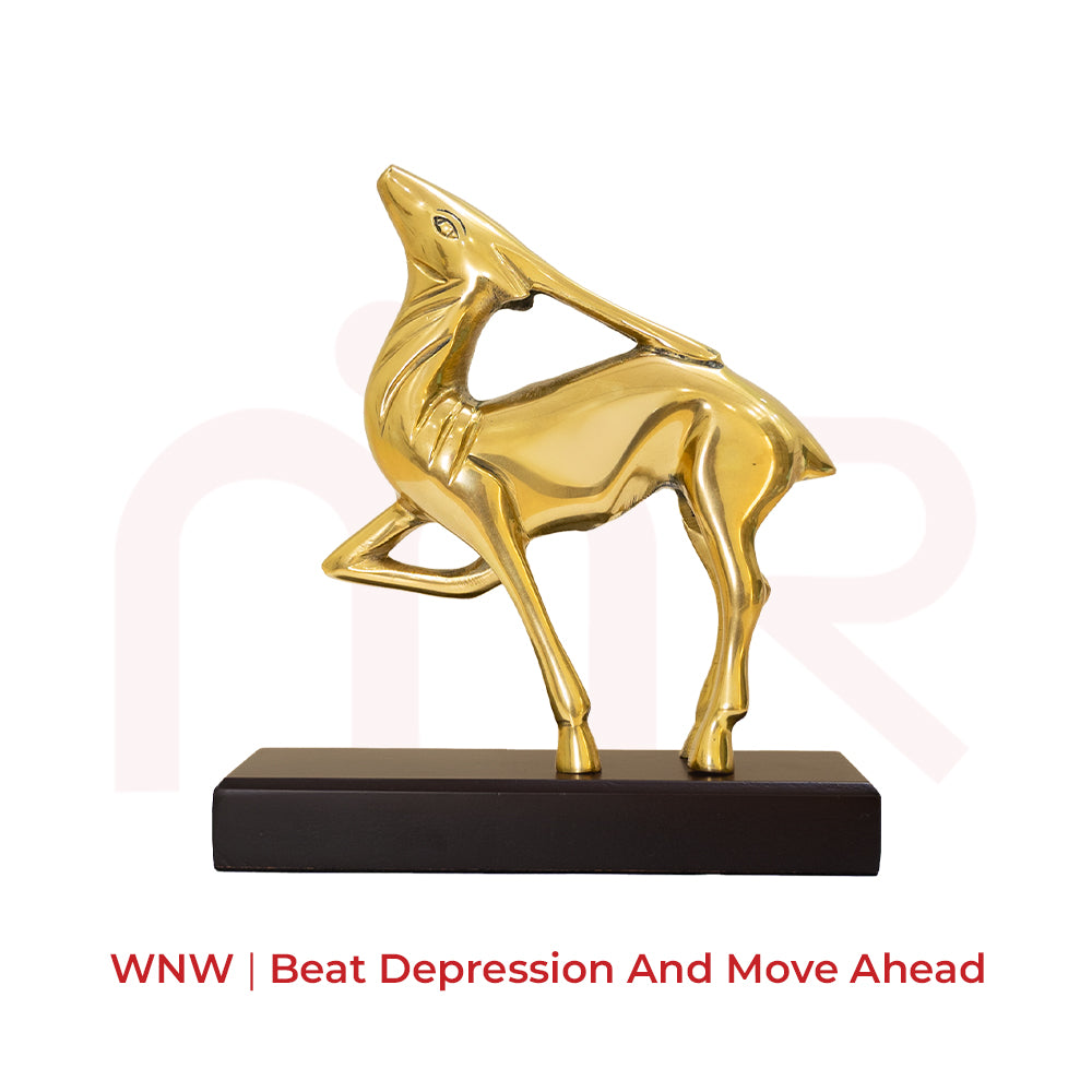 Brass deer leaping figurine on wooden base, Vastu remedy for speed and agility
