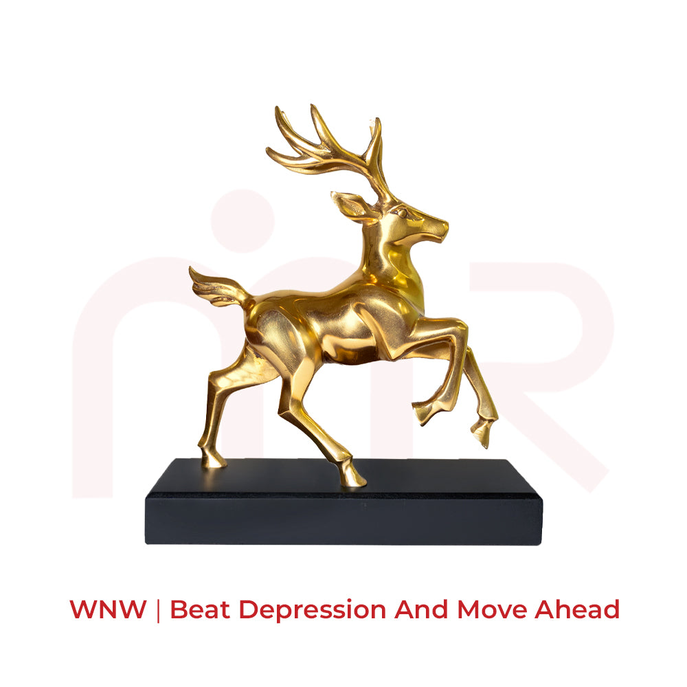 Brass deer leaping figurine on wooden base, Vastu remedy for speed and agility
