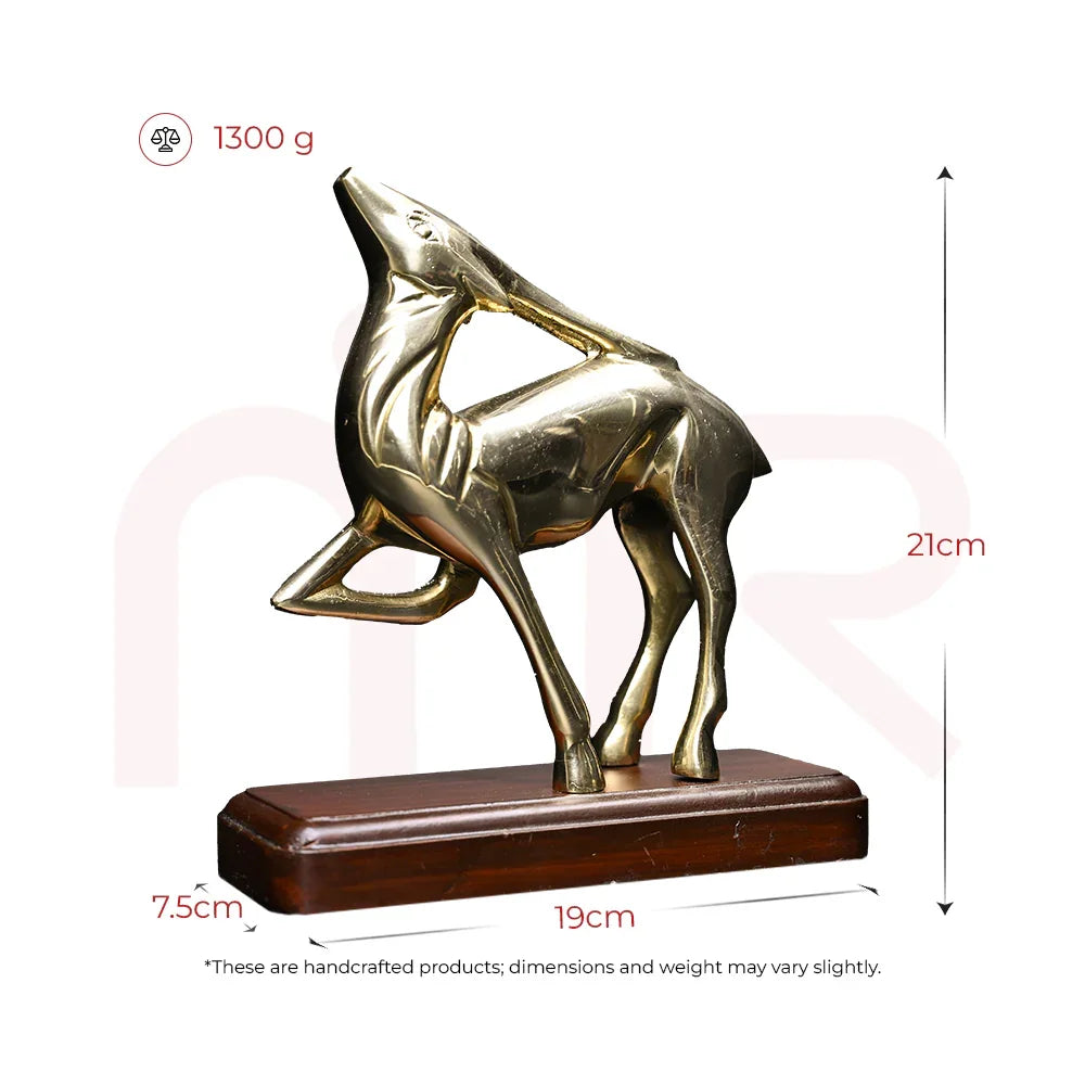 Brass deer figurine on wooden base, 21cm tall, MahaVastu Vastu decor remedy