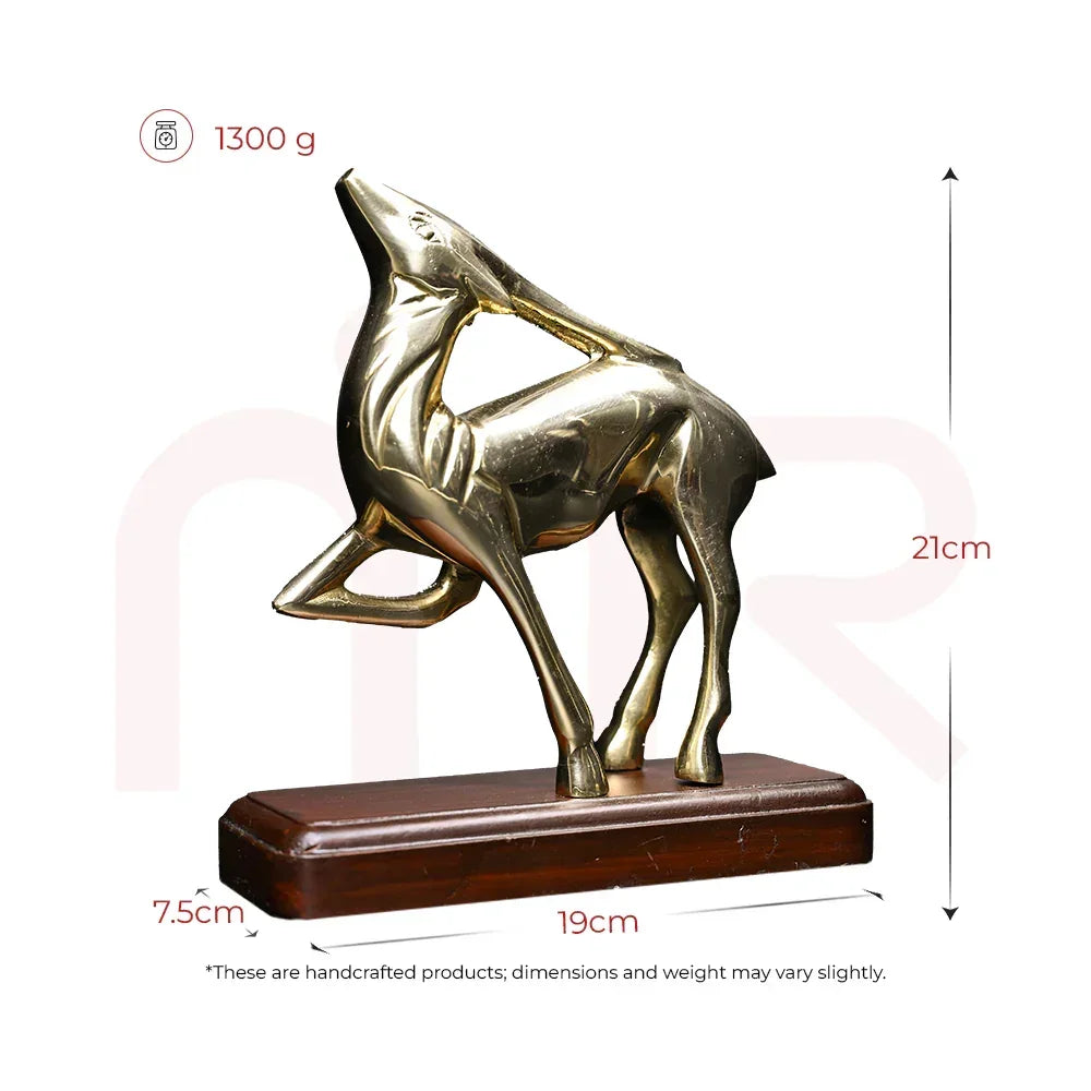 Handcrafted brass deer statue on wooden base, 21cm tall, vastu decor remedy