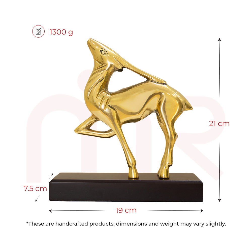 Handcrafted brass deer statue on wooden base, 21cm tall, vastu decor remedy
