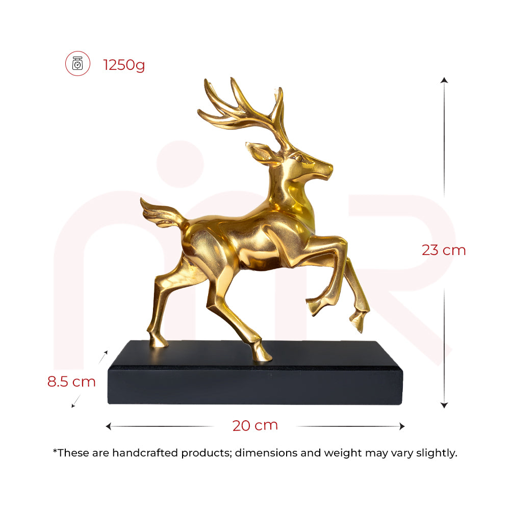 Handcrafted brass deer statue on wooden base, 21cm tall, vastu decor remedy