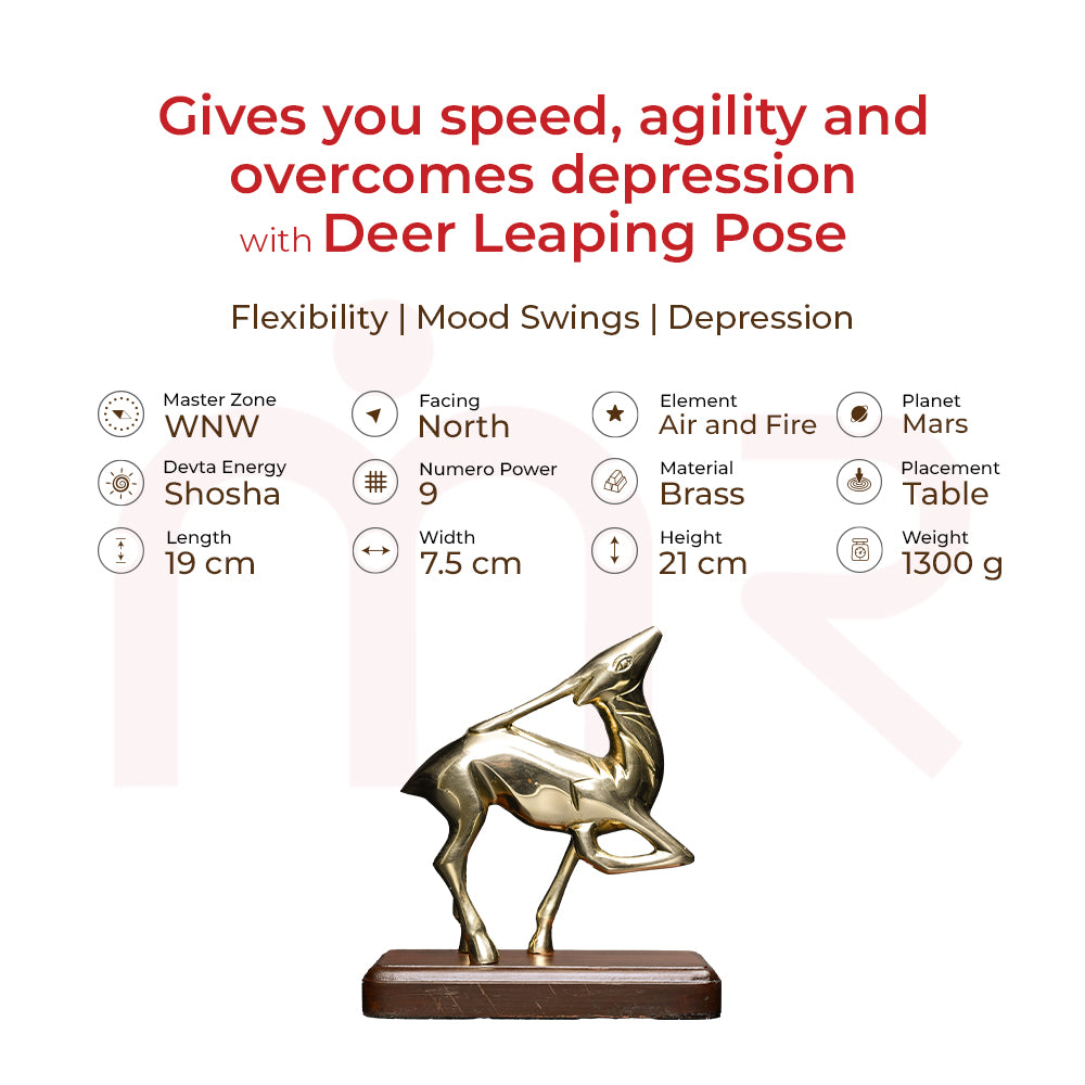 Brass deer leaping pose statue on wooden base, vastu decor for speed, agility, and energy.