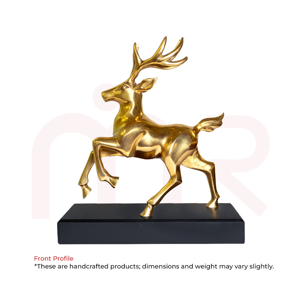 Handcrafted brass deer figurine with leaping pose on a wooden base, Vastu home decor
