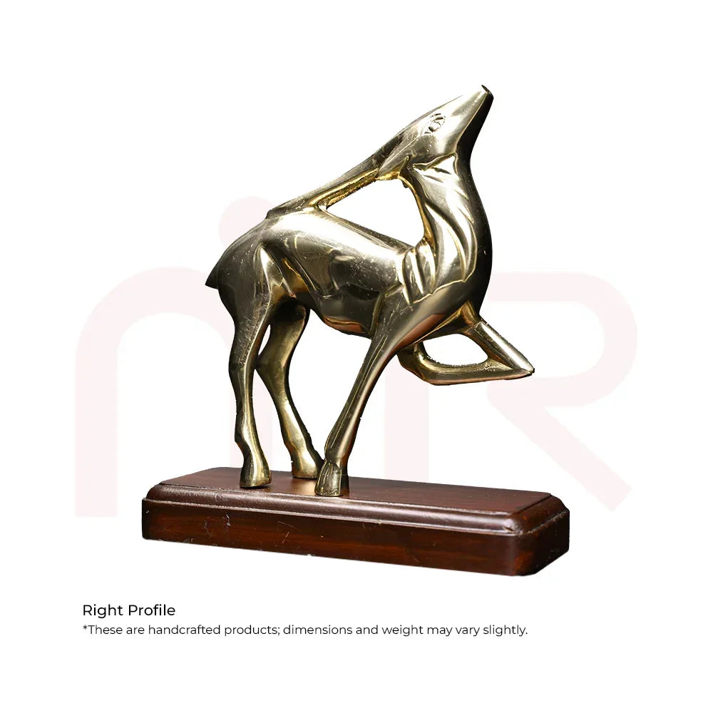 Brass deer statue in leaping pose on a wooden base, Vastu decorative figurine