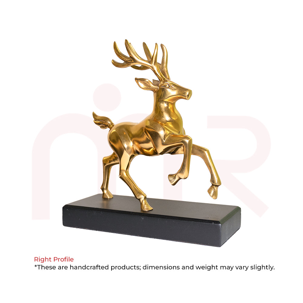Brass deer statue in leaping pose on a wooden base, Vastu decorative figurine