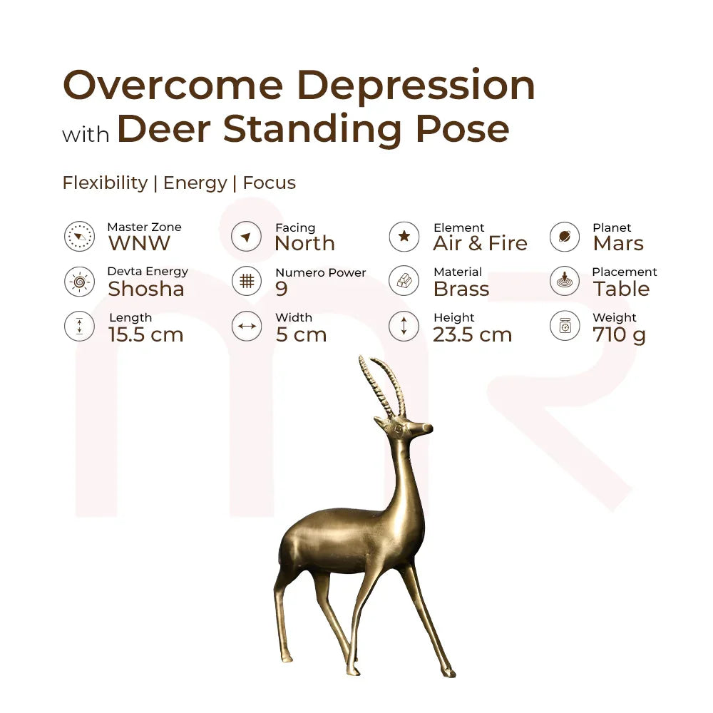 Brass deer standing pose MahaVastu remedy statue with product details for positivity and focus.
