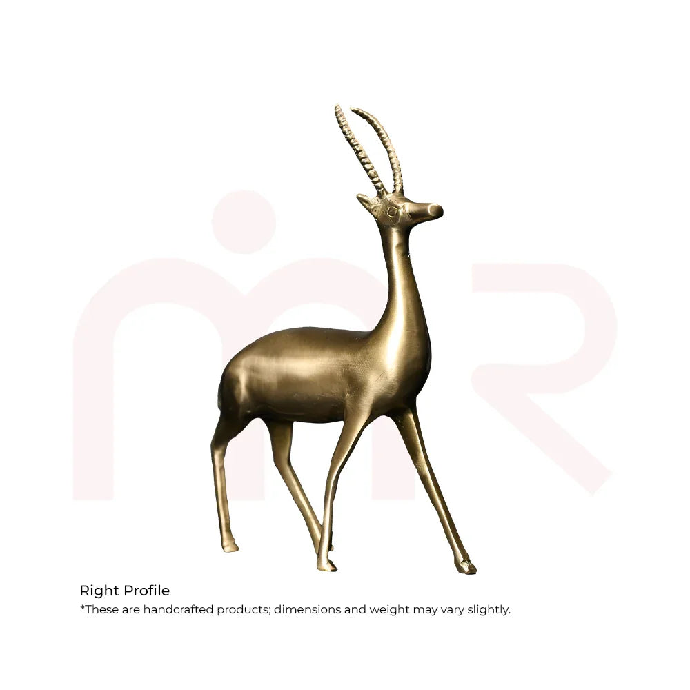Handcrafted brass deer statue for MahaVastu remedies, right profile on white background