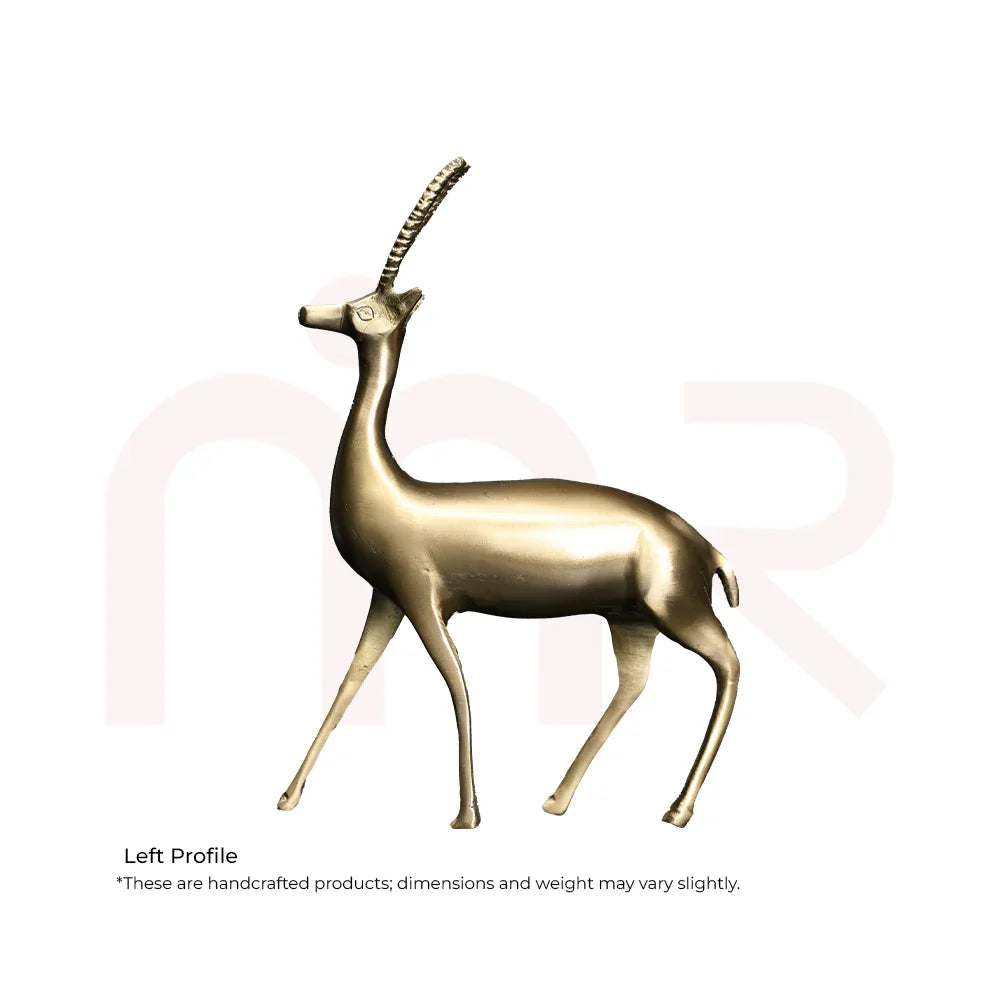 Handcrafted brass deer idol for MahaVastu remedies, standing pose, left profile on white background