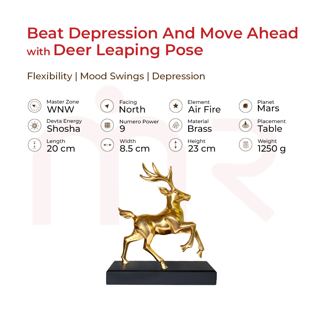 Golden brass deer leaping statue for Vastu, facing north, to beat depression and boost positivity