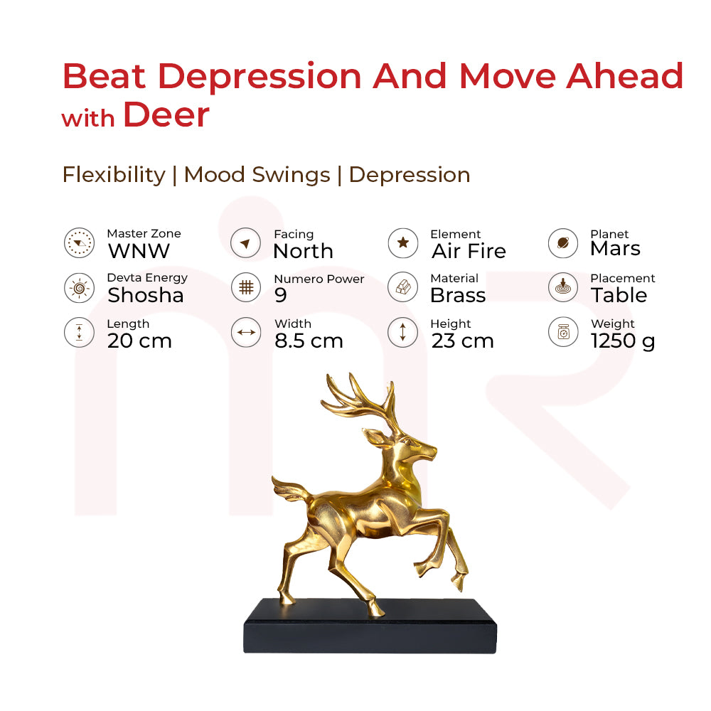 Golden brass deer leaping statue for Vastu, facing north, to beat depression and boost positivity