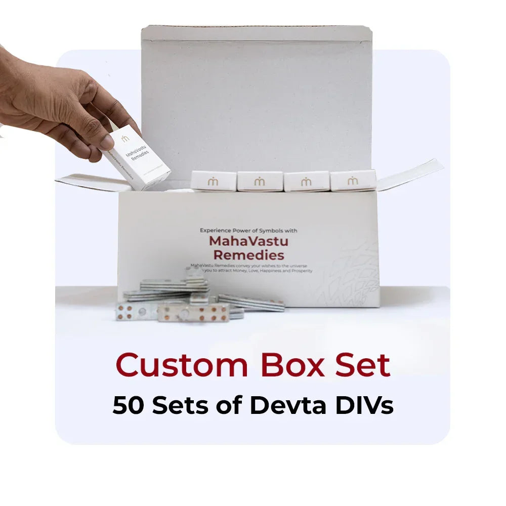 MahaVastu Remedies custom box with 50 Devta DIV sets for authentic Vastu Shastra solutions
