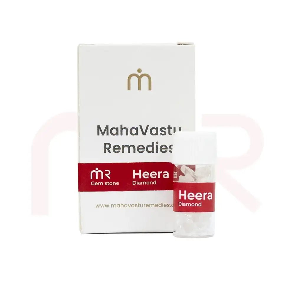 MahaVastu Remedies Heera Diamond gemstone in a small clear bottle and white packaging box.