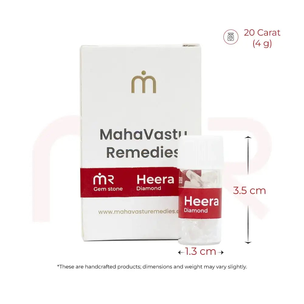 20 Carat Heera Diamond gemstone in a small vial with packaging dimensions.
