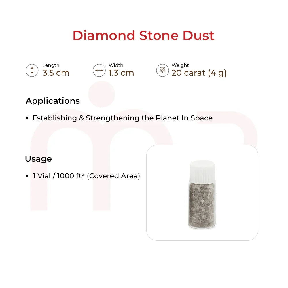 Diamond stone dust in a small transparent vial with product dimensions and usage instructions.