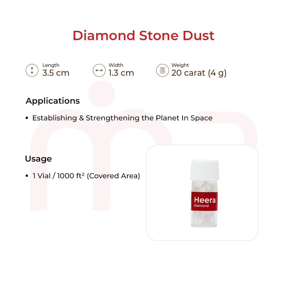 Diamond stone dust in a small transparent vial with product dimensions and usage instructions.