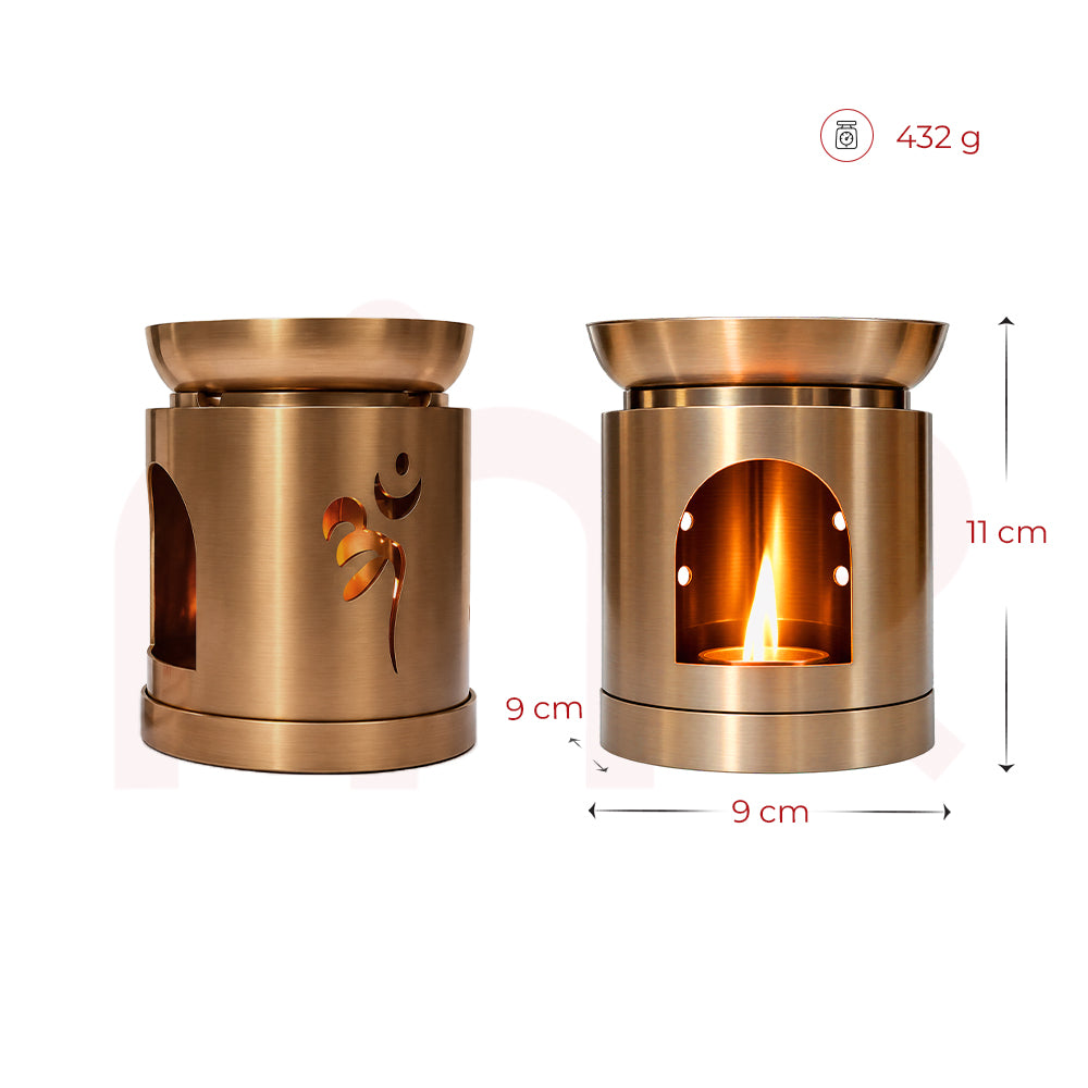 MahaVastu Remedies brass Space Purification Diffuser Set with Om symbol and lit candle
