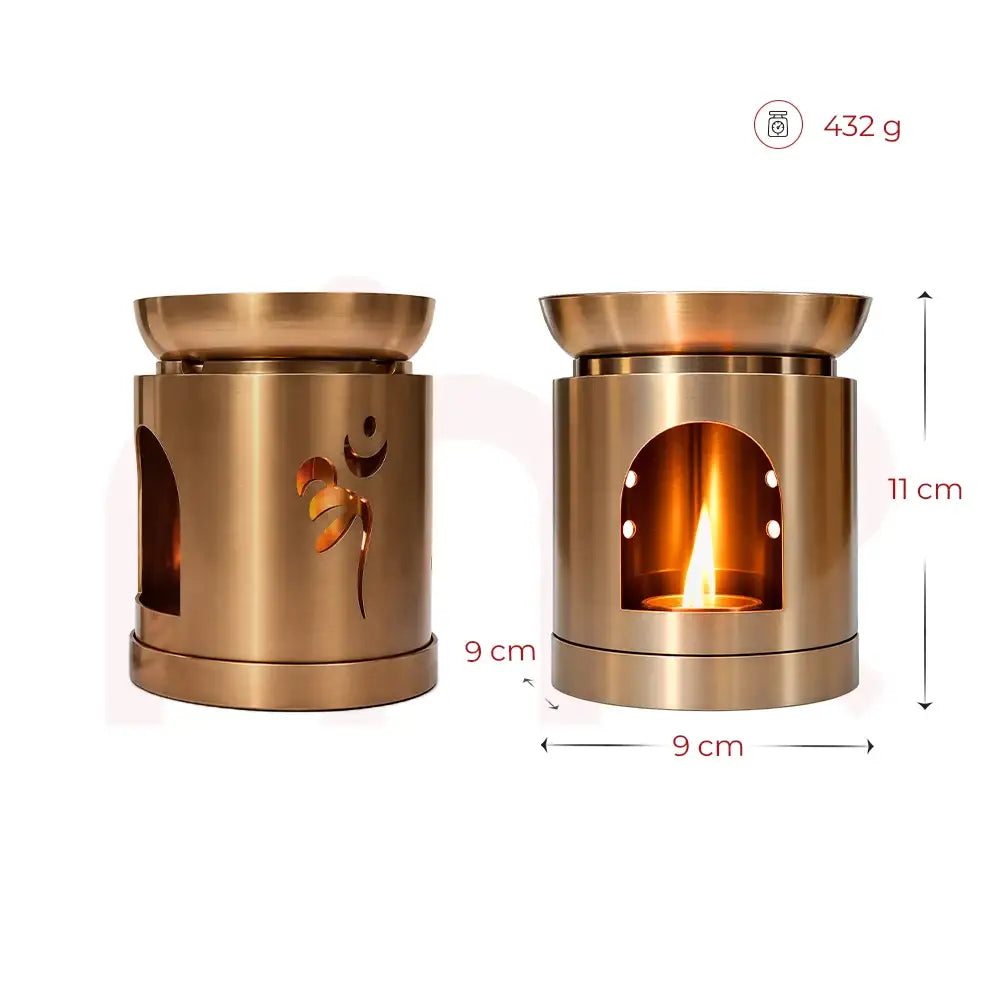 MahaVastu Remedies brass Space Purification Diffuser Set with Om symbol and lit candle
