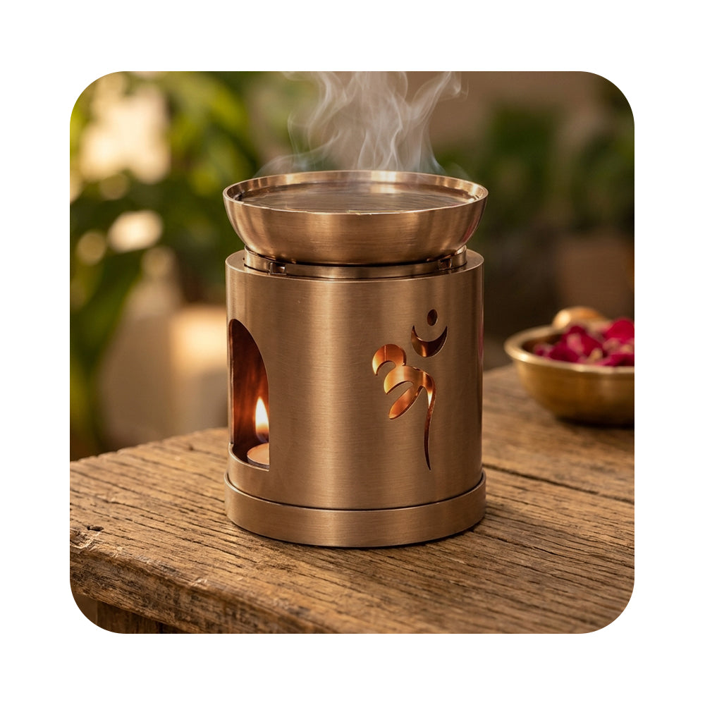 MahaVastu Remedies Space Purification Diffuser Set in bronze finish with Om symbol and candle flame