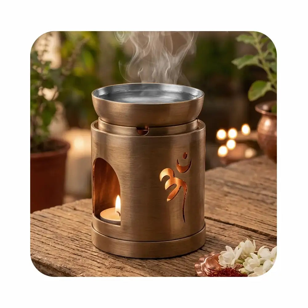 MahaVastu Remedies Space Purification Diffuser Set in bronze finish with Om symbol and candle flame