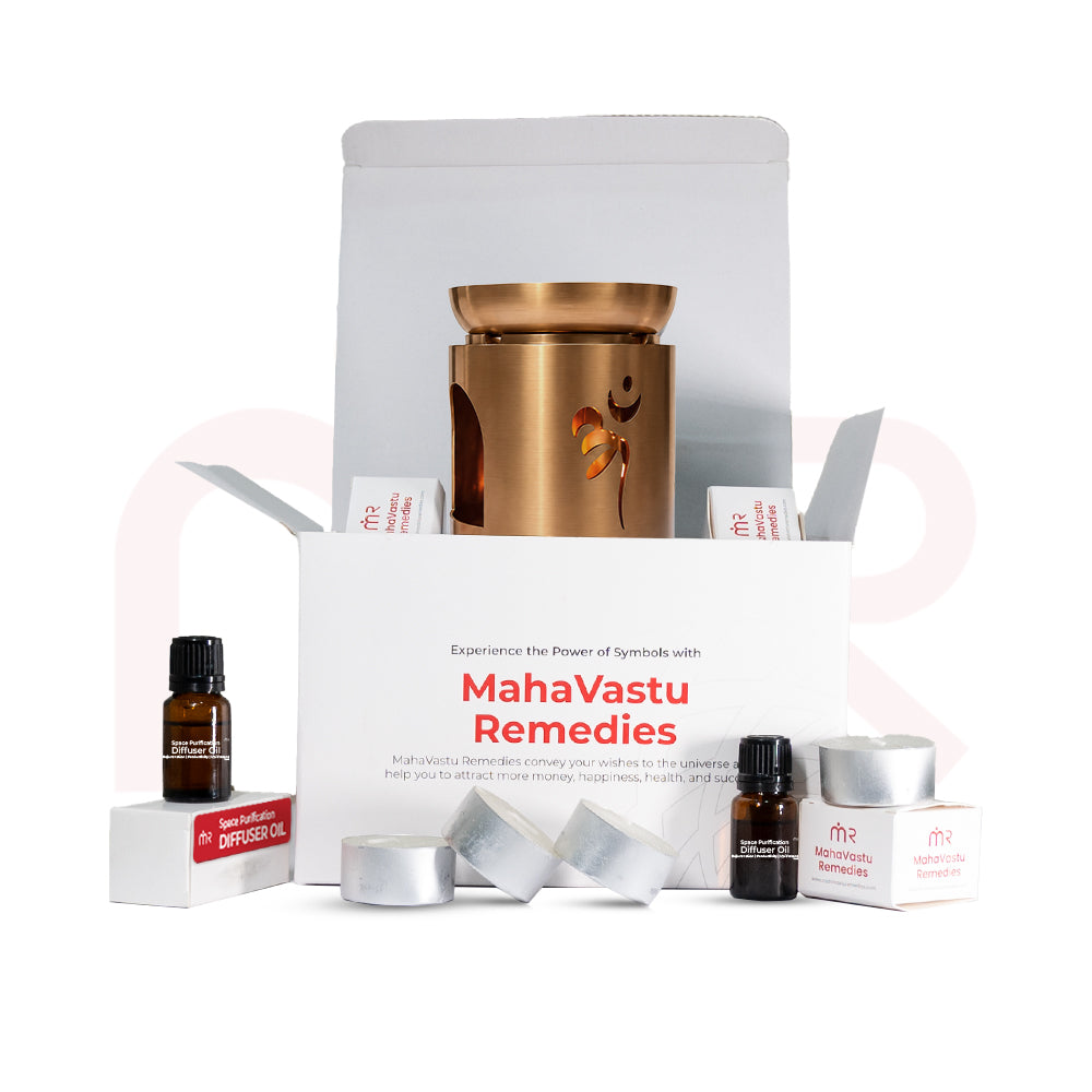 MahaVastu Remedies Space Purification Diffuser Set with oil, brass burner, and color tapes.