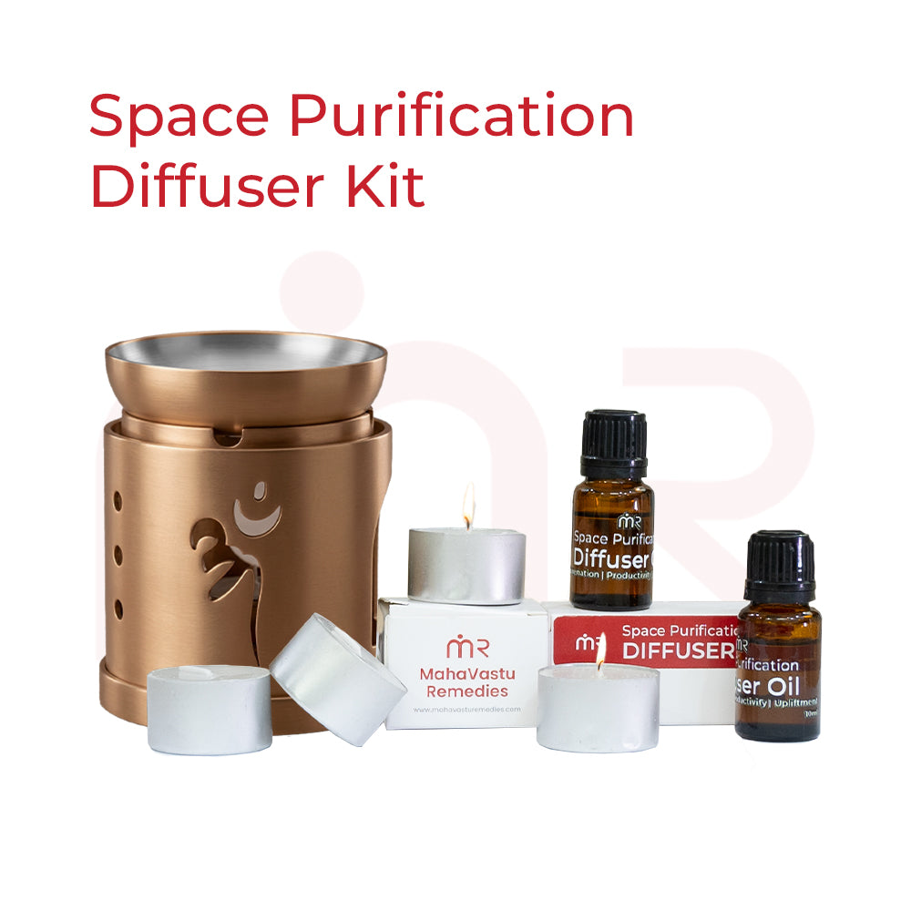 MahaVastu Remedies Space Purification Diffuser Set with oil, brass burner, and color tapes.