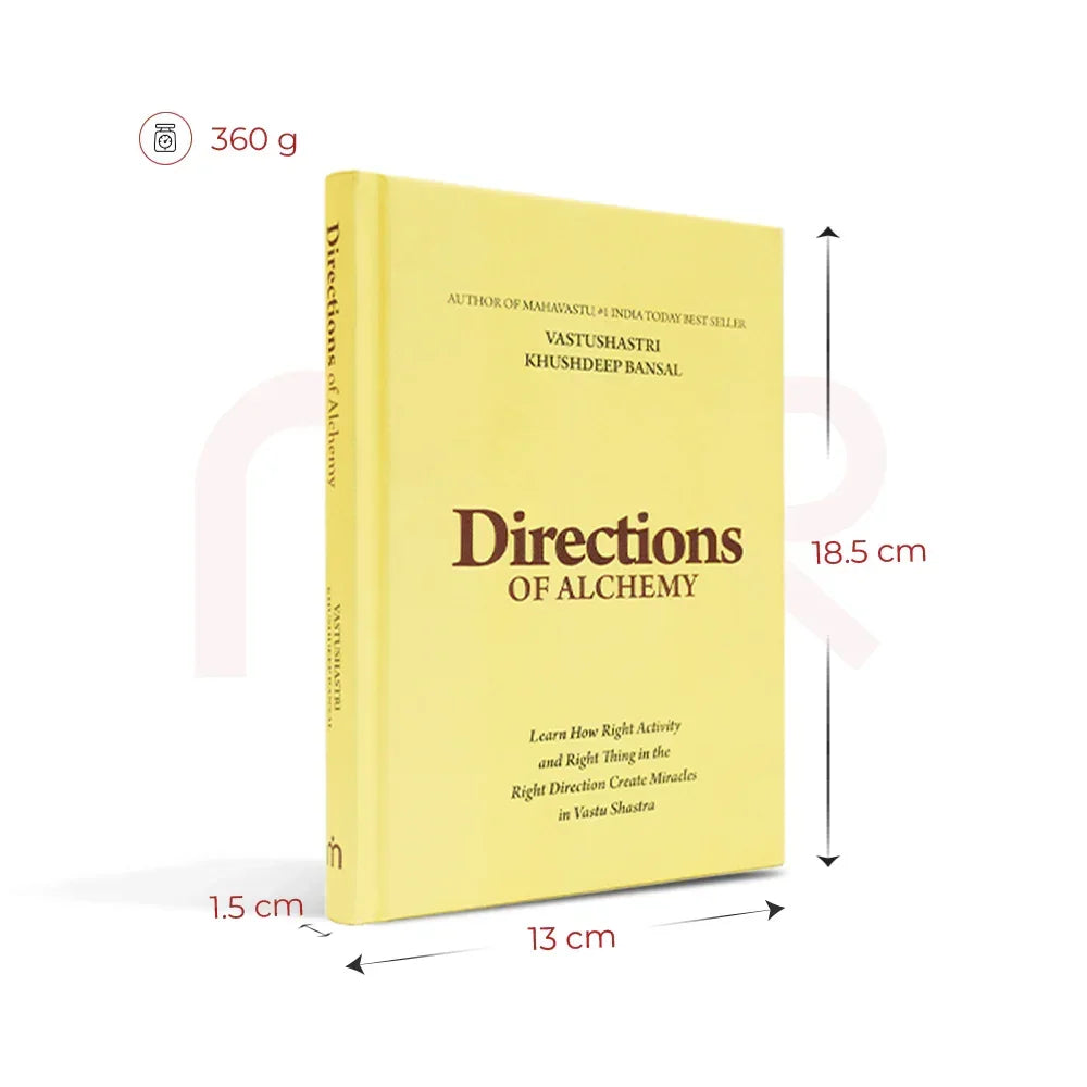 Yellow book titled 'Directions of Alchemy' with dimensions and weight, Vastu Shastra remedy guide.