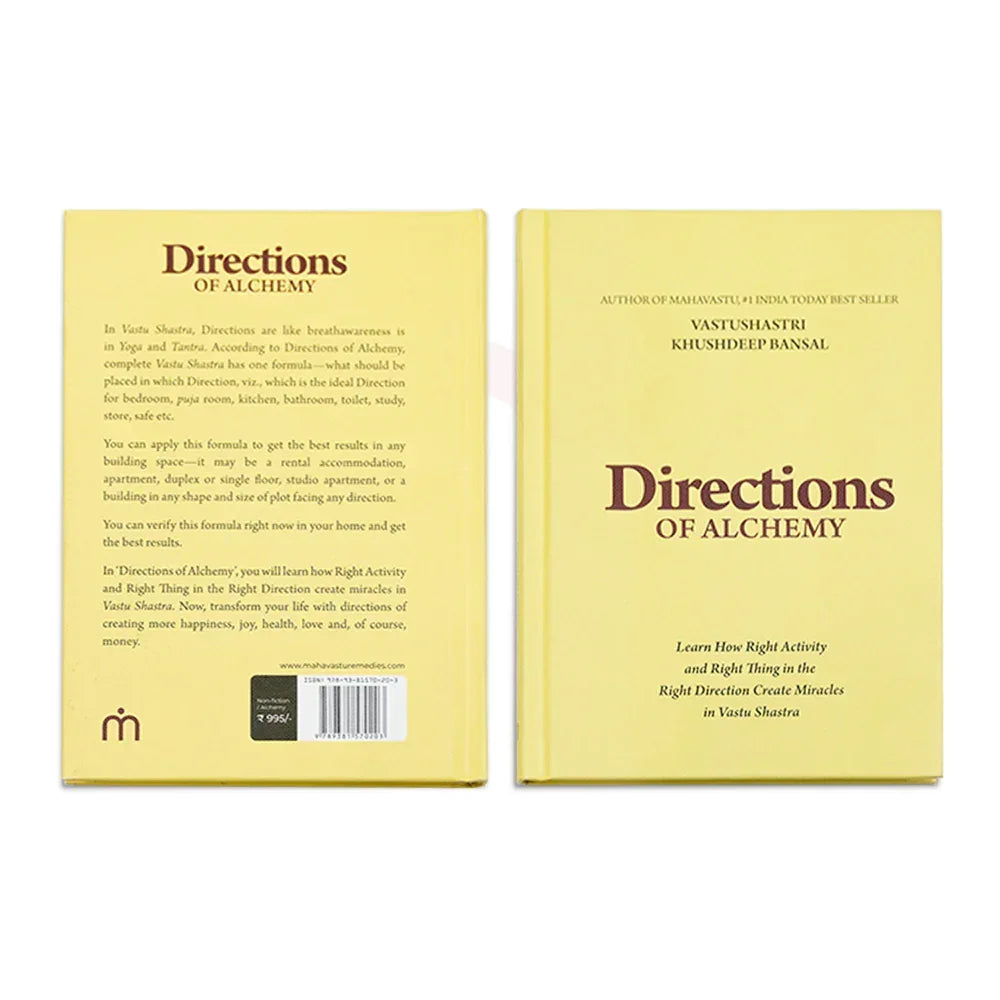 Directions of Alchemy Vastu Shastra remedy book with yellow cover, front and back view