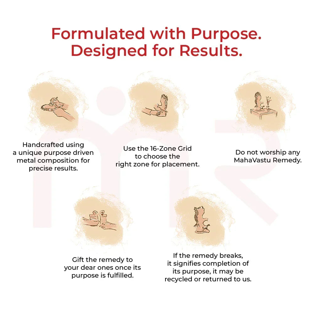 MahaVastu remedy usage instructions with hand-drawn icons and text on placement, gifting, and recycling.