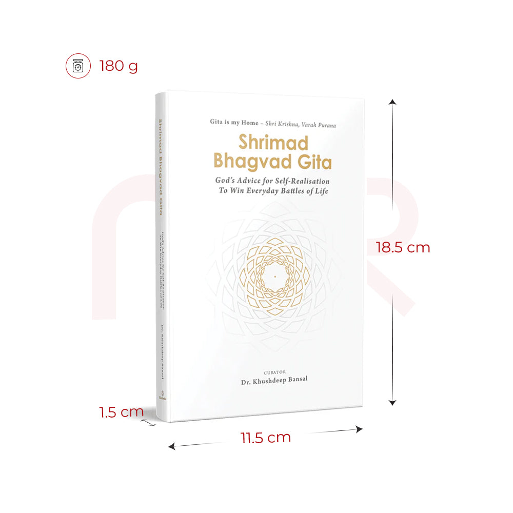 Shrimad Bhagavad Gita English book with gold design, dimensions 18.5x11.5x1.5 cm, 180g