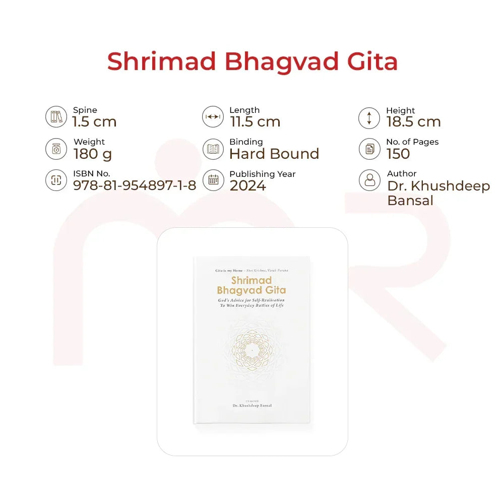 Shrimad Bhagvad Gita book hardbound 2024 edition by Dr. Khushdeep Bansal, 150 pages with size and weight details