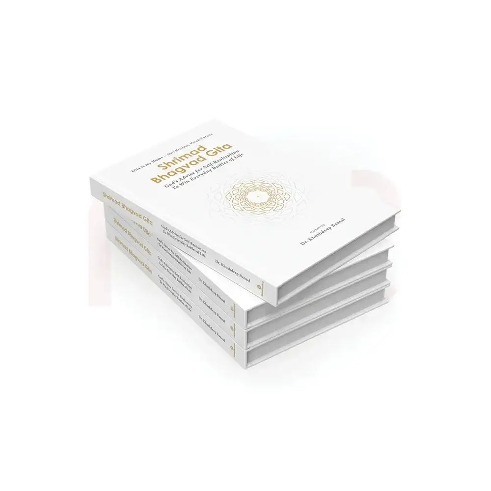 Stack of white Shrimad Bhagvad Gita books by Dr. Khushdeep Randal for self-realization.