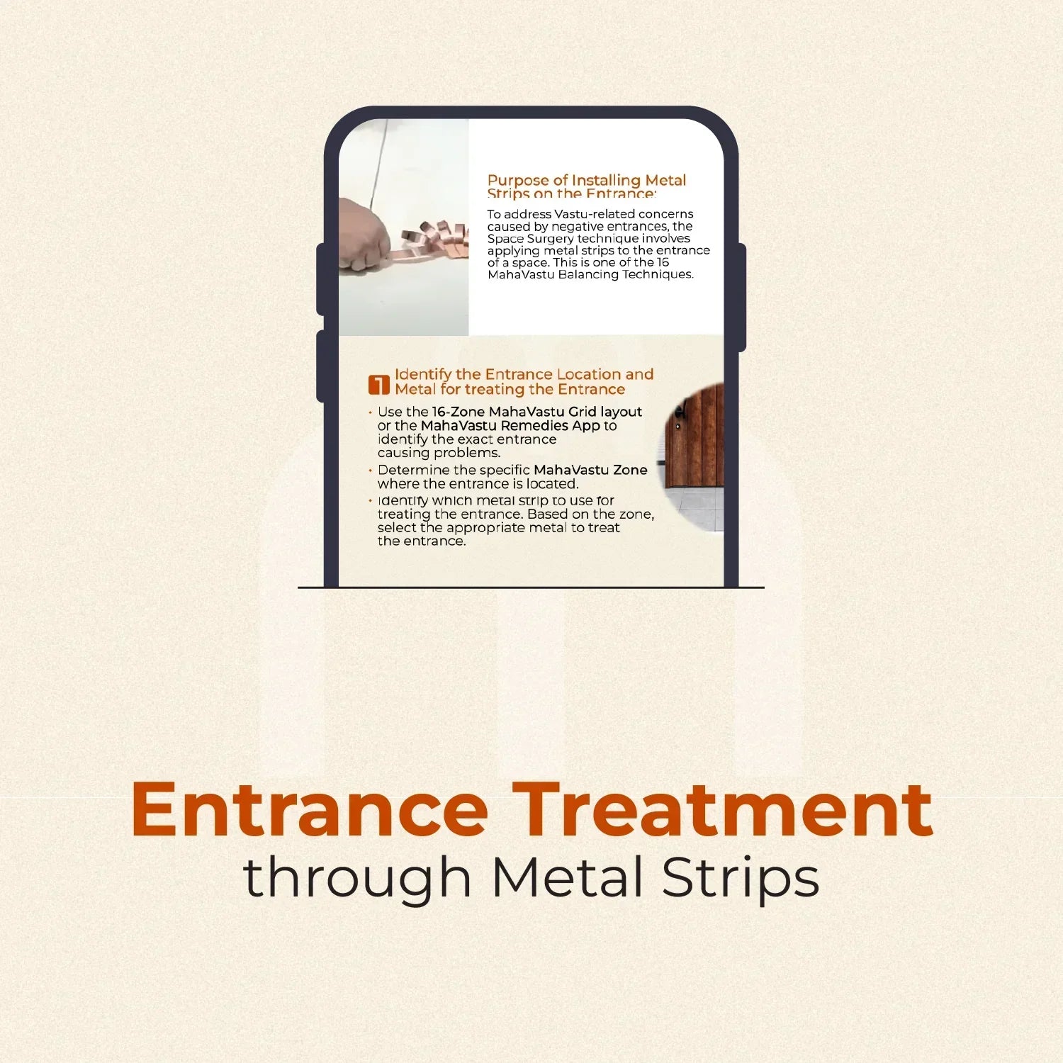 Entrance treatment using metal strips for Vastu remedies, instructional graphic.