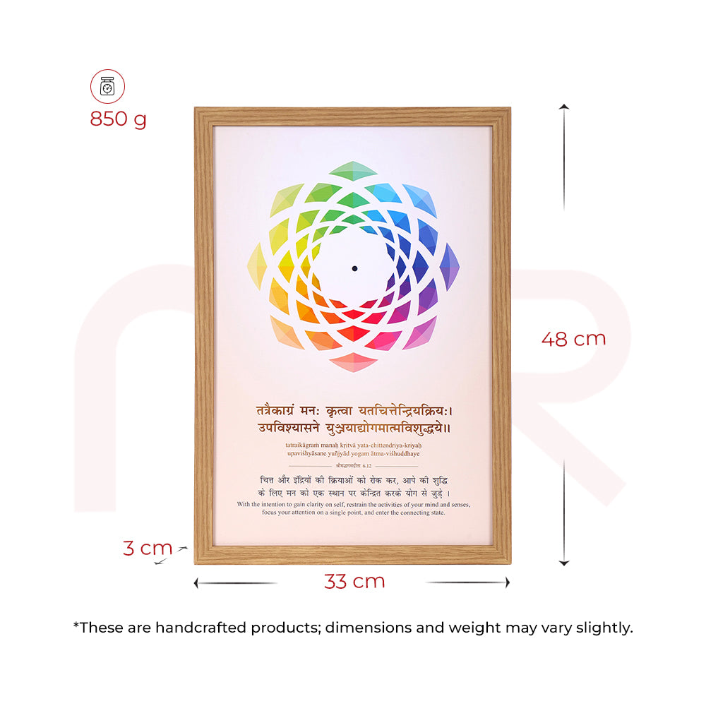 Colorful Vastu painting with chakra design, Sanskrit mantra, wooden frame – 48cm x 33cm, 850g