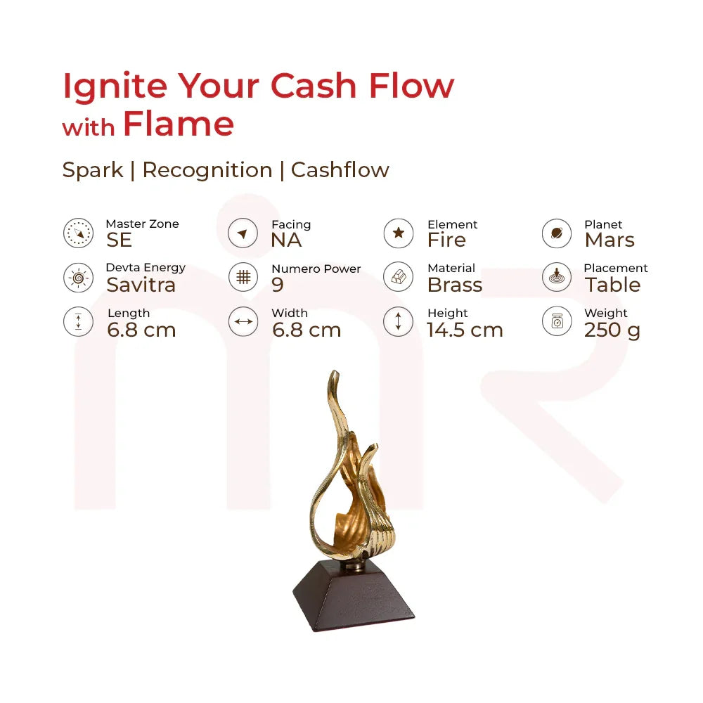 Brass flame sculpture for Vastu cash flow, fire element, Mars planet, table placement, 14.5cm height