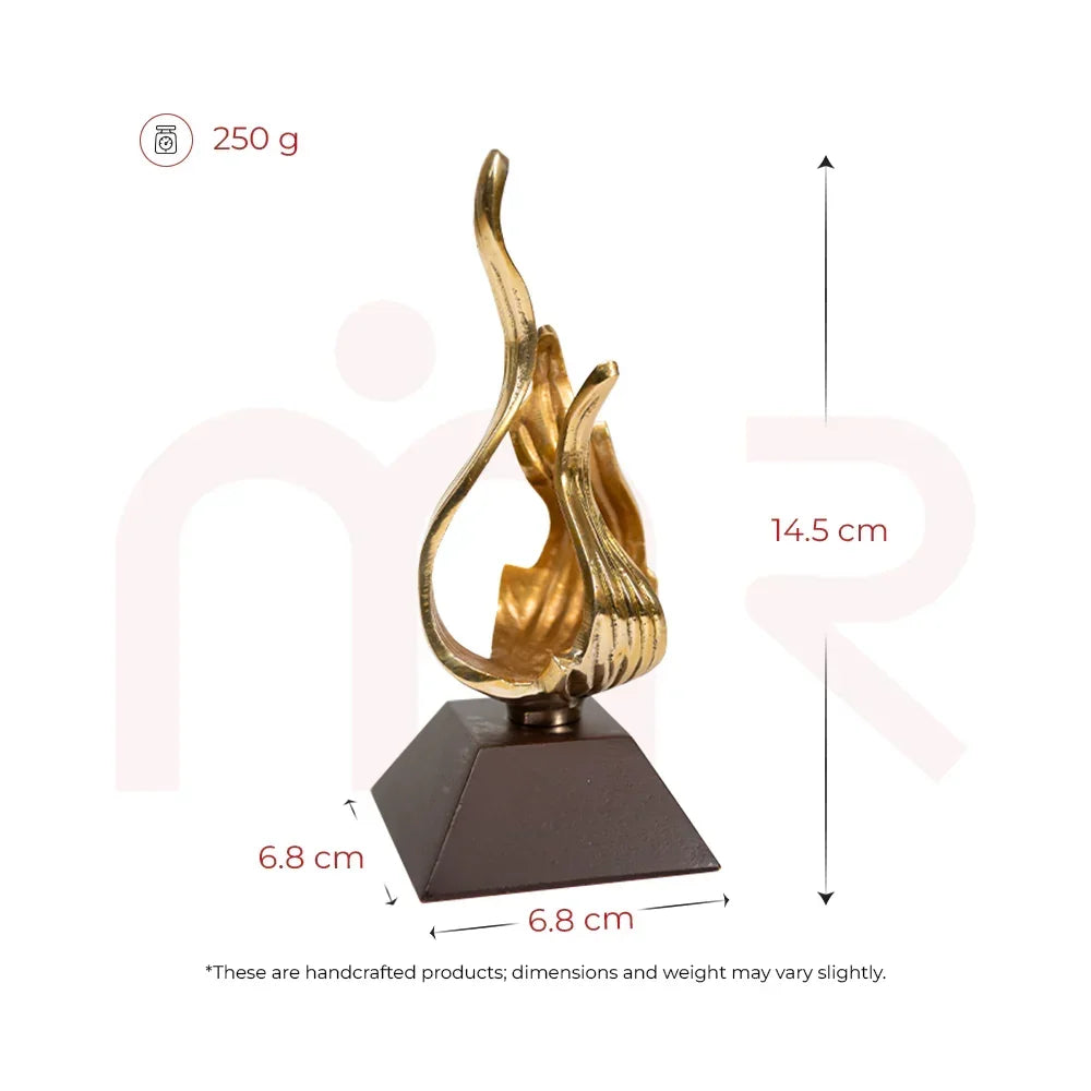 Handcrafted brass flame Vastu remedy figurine on a square base, 14.5 cm tall, 250g weight
