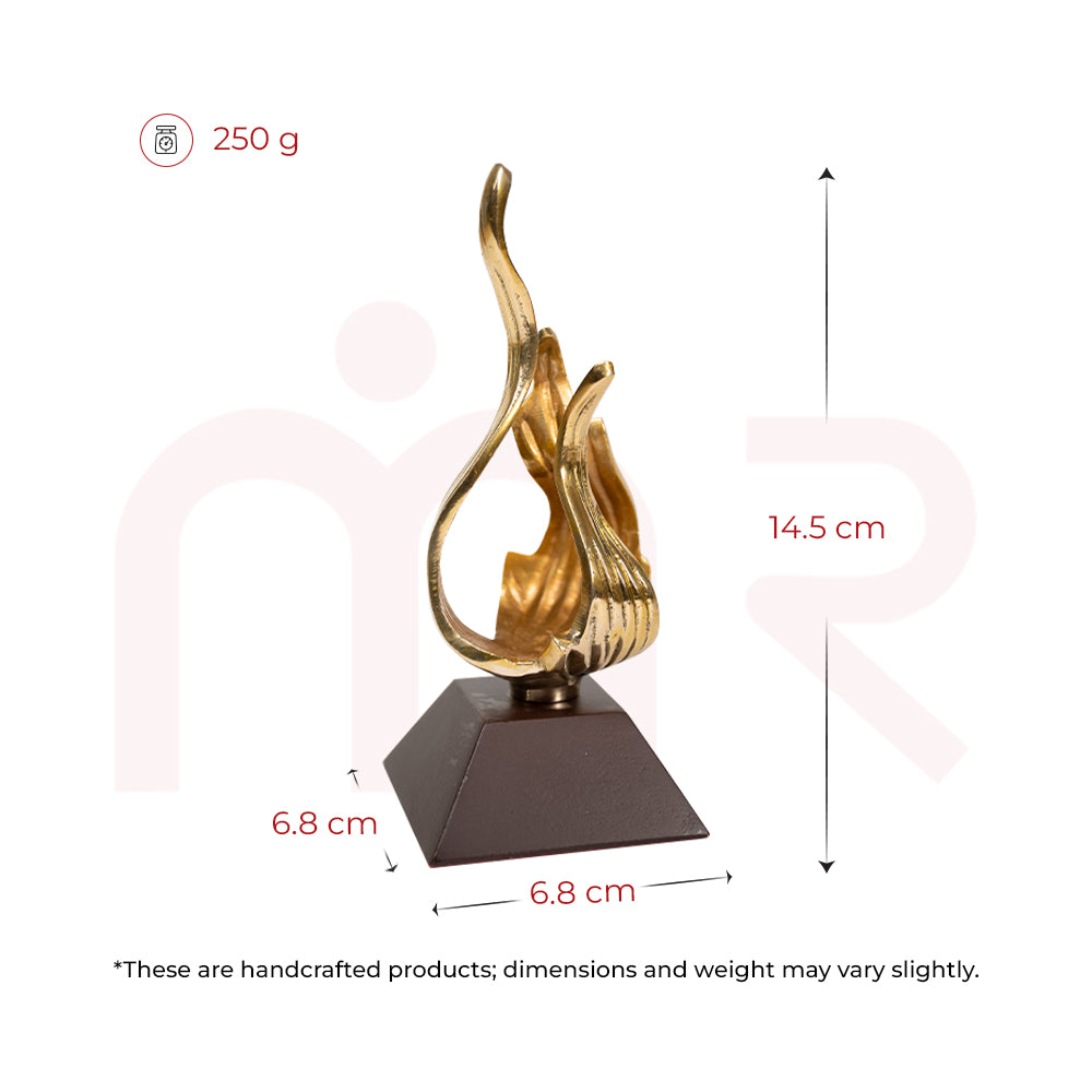 Handcrafted brass flame Vastu remedy figurine on a square base, 14.5 cm tall, 250g weight