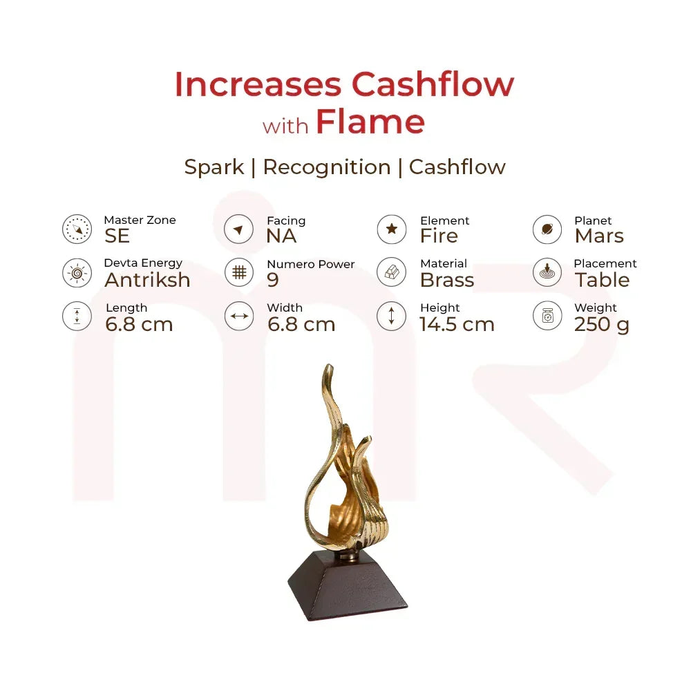 Brass flame Vastu remedy statue on black base, table decor for cash flow and positivity
