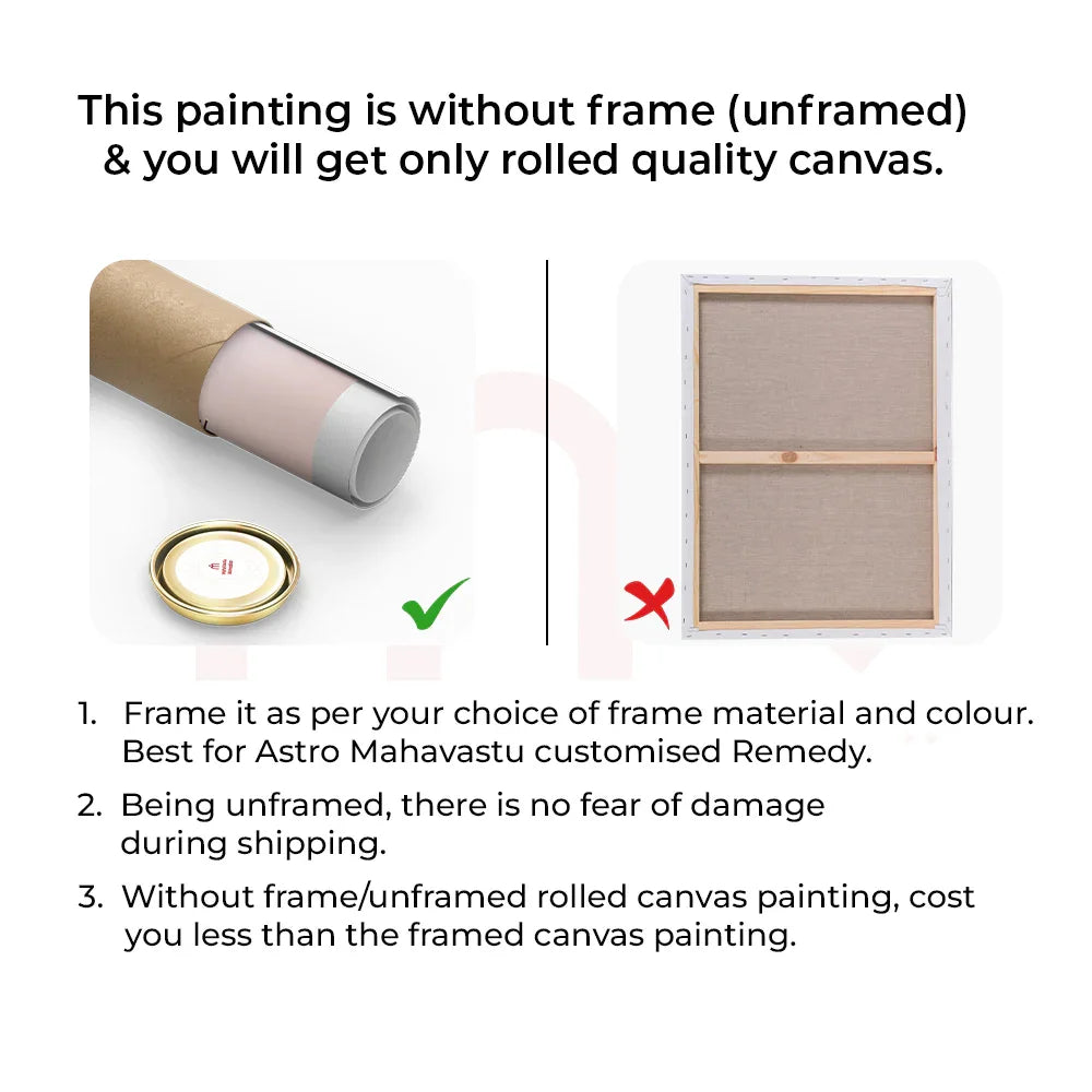 Unframed MahaVastu remedy canvas shown rolled in a tube, compared to a framed canvas.