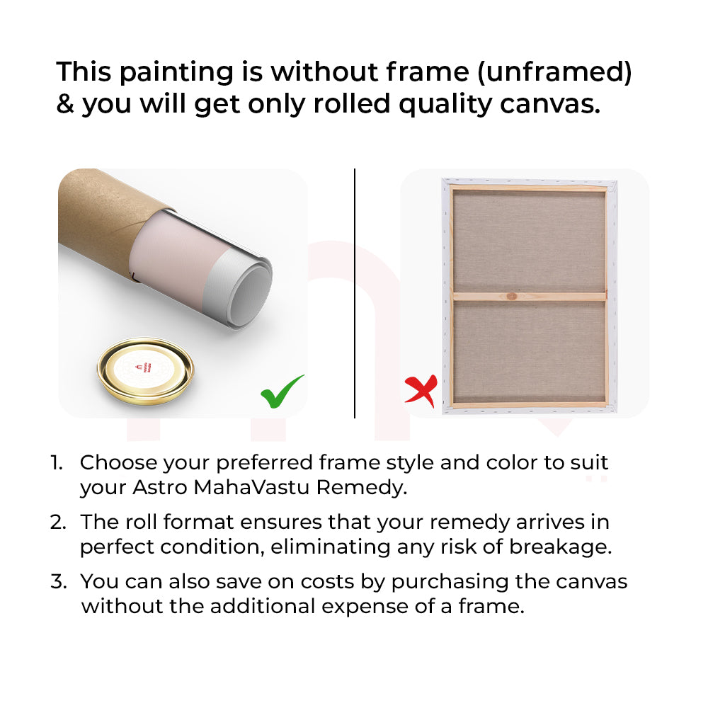 Unframed rolled canvas painting for MahaVastu remedies, customizable frame, safe shipping, cost-effective